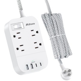 Mifaso 15FT Extension Cord, Flat Plug Power Strip with USB C, 4 Outlets with 4 USB Ports, Wall Mount, Overload Protection, Desk Charging Station for Office, School, Dorm Room Essentials, ETL Listed