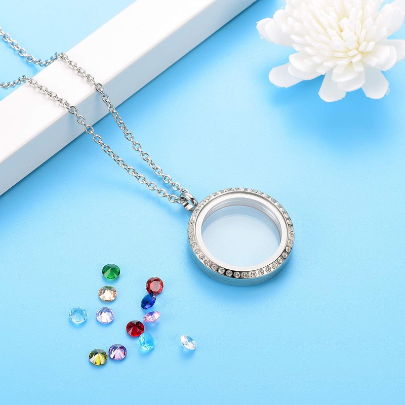 EVERLEAD Stainless Steel Living Memory Floating Charms Locket Necklace with