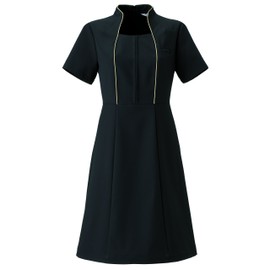 Carara CL0181 C-10 Food and Service Work Wear, Stand Collar Dress with Piping, Anti-See-through, Sweat Absorbent, Anti-Static, Stretch, Medical Lab Coat, Black, US Size 11, Women's Size 11