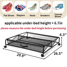 Goaste Under Bed Shoe Storage Organizer with Wheels, Rolling Underbed Storage Containers, Metal Shoe Rack Drawer Space Saving for Bedroom Organization, Shoes, Toys (Black)