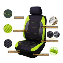 Flying Banner car seat Covers Quality Carbon Fiber Air Mesh Fabric Sport Low High Back Bucket Back Pocket Arm Rest (2 Fronts - Low Bucket, Green)