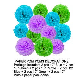 12pcs Blue Green and Purple Paper Pom Poms Decorations for Monsters Inc Birthday Party Decorations - 3 Colors of 12 Inch, 10 Inch