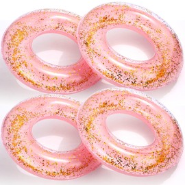 ShinyRelief 4 Pcs Inflatable Glitter Pool Float 30'' Macaron Swim Tube with Gold Confetti Swim Inner Tube for Adults Pool Floats Rings for Summer Beach Swimming Pool Bachelorette Party(Pink)