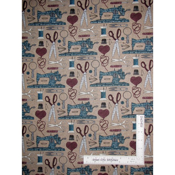 Northcott Sewing Machine Notion Taupe Cotton Fabric Material Girl by