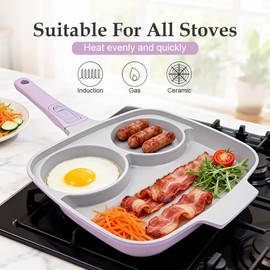 RANX INGST 10 Inch Grill Pan with Lid, 3 Section Nonstick Ceramic Egg Pan with Detachable Handle, Square Grill Skillet All Stove Compatible - Purple