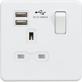 Knightsbridge Screwless Single Switched Socket with Dual USB Charger in Matt White, SFR9124MW