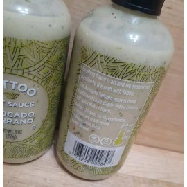 TATTOO HOT SAUCE 2 CT: TATTOO AVOCADO SERRANO Hot ! Sauce gluten free 9oz med-hot strength franks
