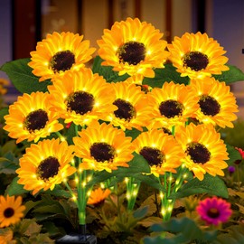 VOOKRY Solar Garden Lights Outdoor, 4 Pack Sunflower Lights with 24 Real Looking Flowers, Waterproof Summer Garden Decor Solar Flowers for Yard Bakcyard Patio Flowerbed Yard, Gift for Mom Women