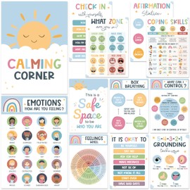 12 Boho Calming Corner Classroom Posters - Feelings Wheel Chart & Emotions Poster For Kids, Calm Down Corner Supplies For Therapy Office Decor, Mental Health Wall Decorations For Preschool Teachers BEAWART