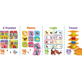 LISCIANI - Carotina Baby - 4-in-1 Games Set for Children Aged 1-4 Years: Balance Tower, 4 Puzzles, Memo, Logic Games, Educational Collection for Comprehensive Learning and Play