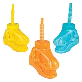 Fun Express 8 pieces Dinosaur Shaped Cups with Straws, Holds 4 oz, BPA Free Plastic, Dino Dig Party Supplies, Multi-Color