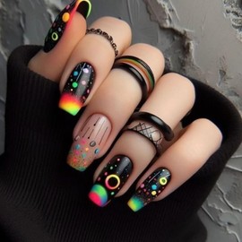 Press on Nails Medium Black False Nails Colorful Gradient Dot Design Artificial Nails Ballet Shaped Fake Nails Full Cover Glossy Glue on Nails Acrylic Press Nails with Charm Stick on Nails for Women