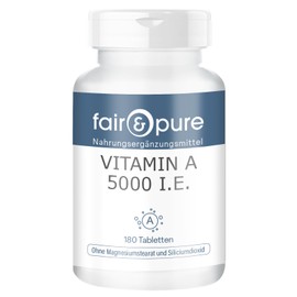 Fair & Pure Vitamin A 5000 IU (1500 μg), 180 tablets, swallow-friendly, retinyl acetate, dietary supplement vegan without magnesium stearate, made in Germany