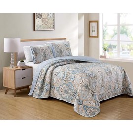 Luxury Home Collection 3 Piece King/California King Quilted Reversible Coverlet Bedspread Set Floral Printed Blue Taupe