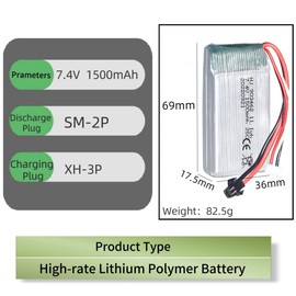 ERYNK 2 Pack 7.4V 1500mAh 25C for Wltoys A959-B A969-B A979-B K929-B WLtoys 4WD High Speed RC Cars and Most 1/10, 1/12, 1/16 Scale RC Cars Trucks Rechargeable Li-ion Battery with SM-2P Joint