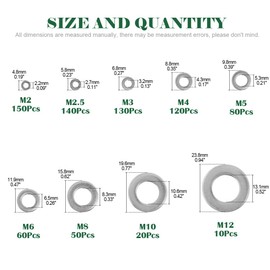 Keadic 760Pcs Flat Washers Set 304 Stainless Steel, 9 Metric Sizes - M2 M2.5 M3 M4 M5 M6 M8 M10 M12 (Kit2)
