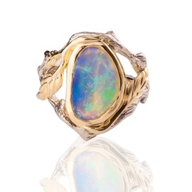 AZQ Vintage 925 Sterling Silver Opal Ring 18K Gold Plated White Fire Cocktail Rings Golden Leaf Accents Ring Promise Anniversary Eternity Engagement Wedding Band Ring for Women TZ.123, US Code 6, Sterling Silver