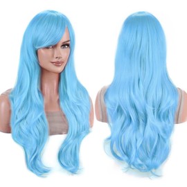 IMISSU 28 Inch/70cm Long Hair Water Wavy Wigs with Bangs Cosplay Costume Wig (Azure Blue)