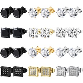 BVLAGIDA 12 Pairs of Men's Stainless Steel Stud Earrings Set, Hypoallergenic Ear Piercing, Silver/Gold/Black, Cubic Zirconia Stud Earrings for Men and Women