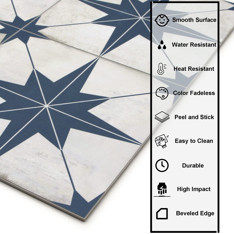 The Tiles Plaza Encaustic Peel and Stick Backsplash, Blue Star