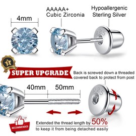 925 Sterling Silver Earrings Stud with Screwback Cubic Zirconia for Women Earring With Screw Backs CZ Hypoallergenic (CZ-Light Blue)