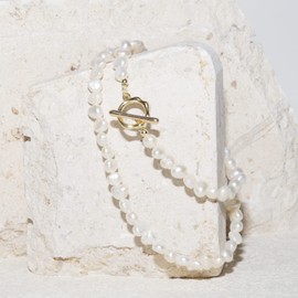 BEMDOFIG Irregular Baroque Pearl Choker Necklaces 18K Gold Plated Buckle Freshwater Pearl Necklace Everyday Dainty Choker Jewelly for Women