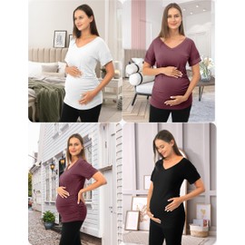 SUNNYBUY 3 Pack Womens Maternity Shirts Summer Soft Stretchy Pregnancy Tops Side Ruched V Neck Short Sleeve Tee Clothes, Black White Burgundy M
