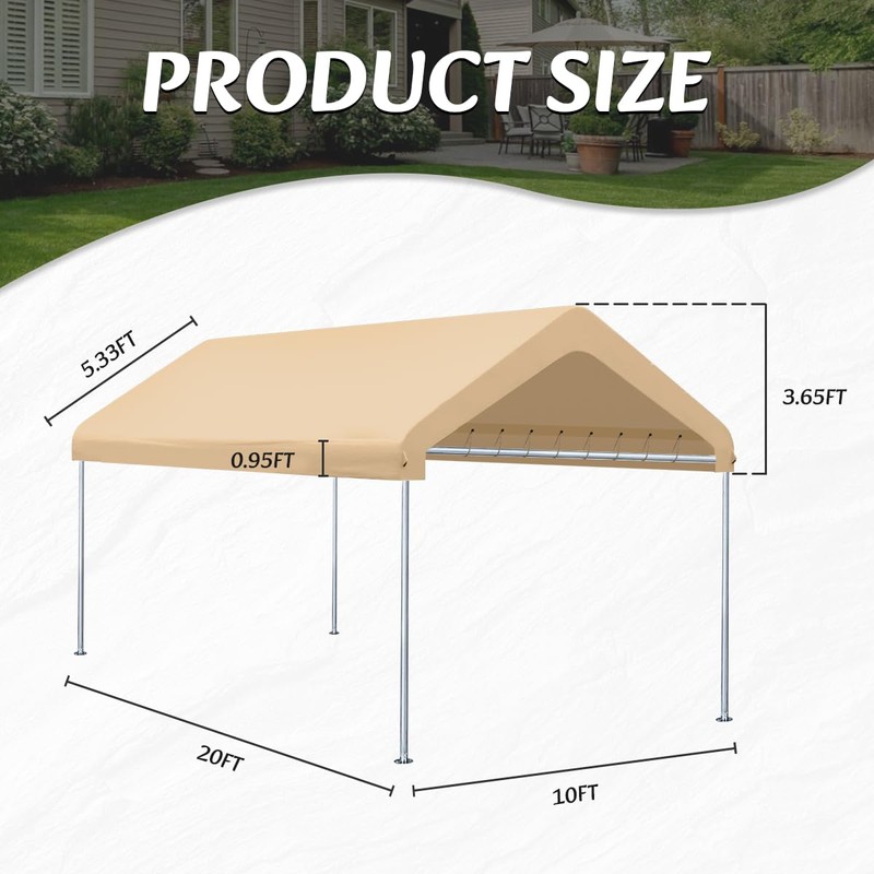 10x20FT Carport Replacement Canopy Top Cover, Garage Top Shelter Cover