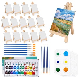 14 Mini Lienzos para Pintar y Bastidores para Pintar,Mini Lienzos y Caballetes,con 14 Pcs Caballete de Pintura,Juego de Pintura Gouache,12 Colores Pinturas Lavables no Tóxicas,14 Pinceles y 3 Paleta Arte