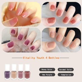 4 x farbiger Wasser-Nagellack, der kein starkes UV-Licht benötigt und Feuer vermeidet, lange hält, einfach zu bedienen ist und leicht auseinandergerissen werden kann, sehr umweltfreundlich.