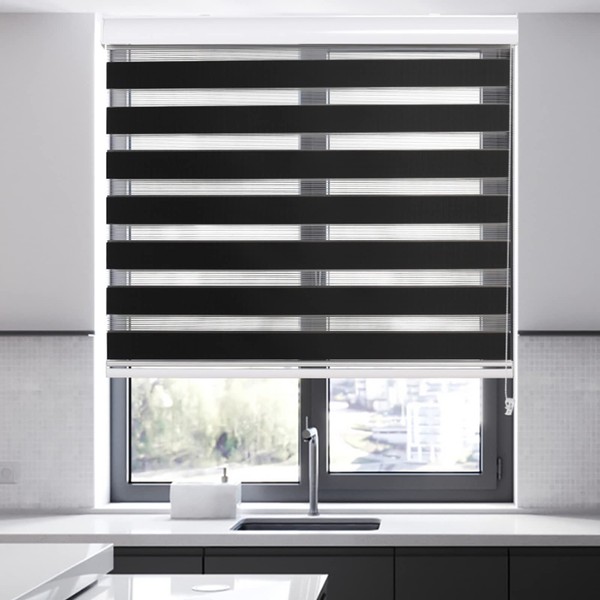 Joydeco Zebra Blinds for Windows Cordless 45 Inches Wide,Black Sheer Bedroom Privacy Light Filtering Dual Layer Roller Shades for Home Office