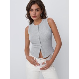 Trendy Queen Womens Going Out Tank Top 2025 Spring Fashion Beach Vacation Clothes Ribbed Button Down Sleeveless Vest Crop Cute Y2K Trendy Summer Going Out Shirts Light Grey