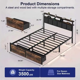 Queen Bed Frame with Storage Drawers, Upholstered Headboard with LED Lights and Charging Station, Metal Platform Bed with 2-Tier Storage Shelves, Noise Free, No Box Spring