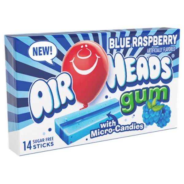 Air Heads Blue Raspberry Flavoured Sugarfree Chewing Gum With Micro Candies 14 Stick Pack