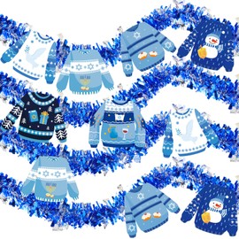 Craftsatin 4 Pcs 39.4ft Hanukkah Decorations Garland with 36 Pcs Ugly Sweater Decor Ornaments Christmas Chanukah Ornament Jewish Ornaments for Tree Metallic Streamers for Xmas Party Decorations