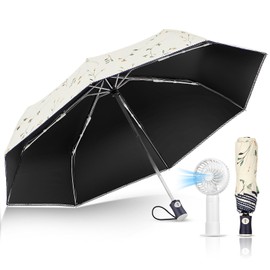 Cosblank 2 Pcs UV Sun Umbrella and Mini Portable Fan Small Automatic Travel Umbrella for Lightweight Women Men Parasol Outdoor Sun Protection