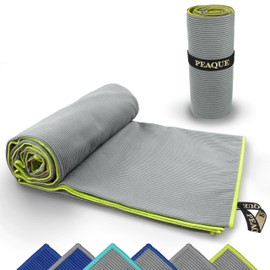 PEAQUE Microfibre Towel with Texture - Lightweight, Compact, Quick Drying, XL - Bath Towel, Travel Towel, Sports Towel, Grey/Yellow, 200 x 100 cm