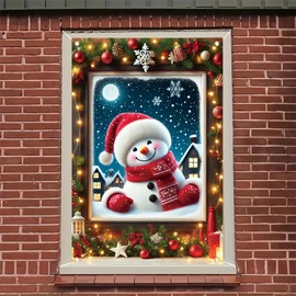 Saoplasa Christmas Party Banner 47x31 Inch Snowman Window Cover Holiday Decor Frosted Night Scene with Santa Hat Red Scarf Snowflakes Winter Wonderland Backdrop for Home Classroom Office