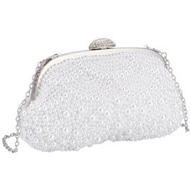 WEBEEDY White Pearl Clutch Purse for Bride, Women Wedding Clutch Beaded Handbag with 2 Chains for Evening Bag, Dance Party, Date, Travel, Gift for Wedding Anniversary Valentine's Day, 9.4x5.7 Inch