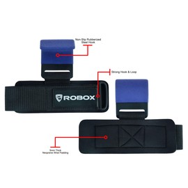 ROBOX Weight Lifting Hooks - Non-Slip Rubber Coated Rod Grip Hooks with Thick Padded Wrist Wraps for Powerlifting, Weightlifting, Pull-ups, Deadlifts, Gym for Men and Women (Pair) (Blue')