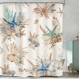 Omifly Starfish and Seashells Shower Curtain 60Wx72H Inch Beach Pampas Coastal Nautical Ocean Vintage Beige Retro Sea with 12 Plastic Hooks Fabric Waterproof Toilet Accessories Decor