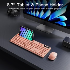 Wireless Keyboard and Mouse Combo, Soueto 2.4G Full-Sized Computer Keyboard with Phone Tablet Holder, 22 Multimedia Shortcuts, Numeric Keypad, 6 Button Silent Mouse for Windows, Mac (Cherry Pink)
