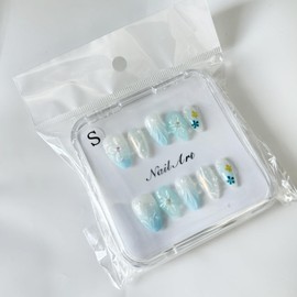 10PCS Handmade Press on Nails Short Almond Fake Nails Blue Gradient Acrylic Nails with Glitter designs Stick on Nails Pearl 3D Flower Unique Full Cover Gel Glue on Nails for Women False Nails（S Size）