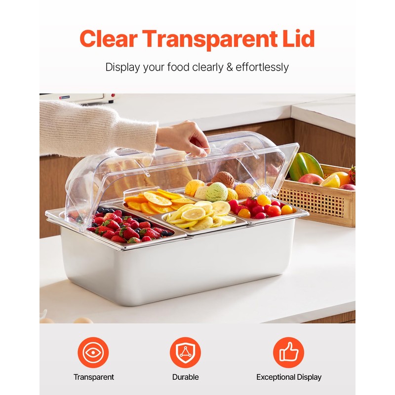 VEVOR Countertop Food Serving Display Container, 5 Pan Stainless Steel