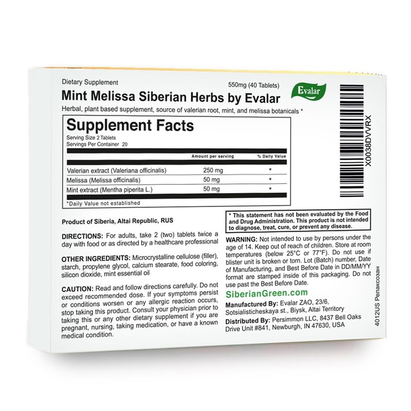 Evalar Melissa Mint Siberian Herbs Relaksozan 40 Tabs