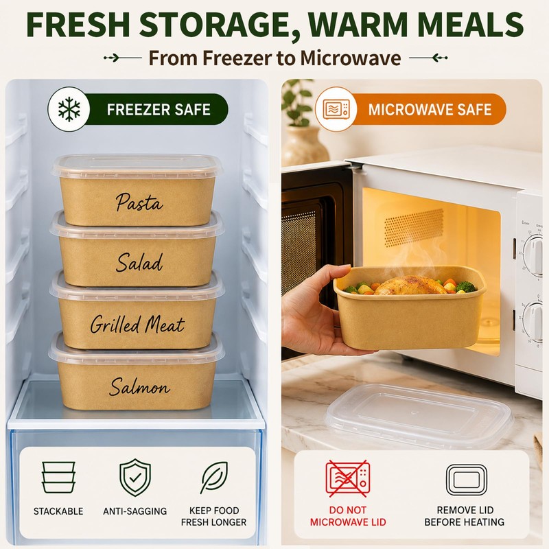 60 Pack 29oz Disposable Meal Prep Containers, Kraft Paper Bowls