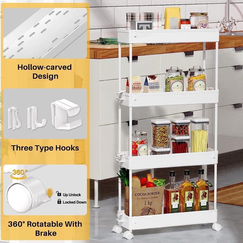 SPACEKEEPER Slim Rolling Storage Cart 4 Tier Bathroom Organizer Mobile