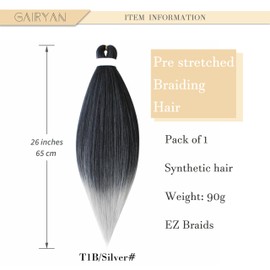 Gairyan Pre Stretched Braiding Hair 26 Inch Easy Braids Extensions Synthetic Hair for Braiding Pre-Stretched Braiding Hair Ombre 1 Pack Natural Yaki Texture EZ Braids Synthetic (Black and Grey)