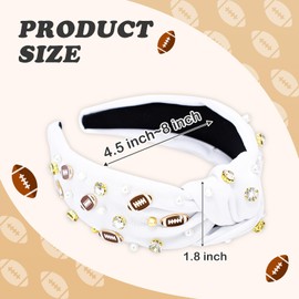 Football Knotted Headband for Women, Rhinestone Jeweled Pearl Embellished Wide Top Knot Headband for Football Mom Fans, Fashion Non Slip Trendy Game Day Outfits Sports Hair Accessories Gifts (White)