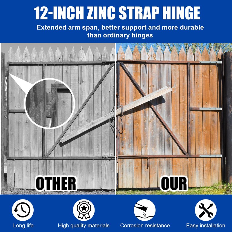 Yaocom 4 Pack 12" Zinc Strap Hinge for Gates, Tool